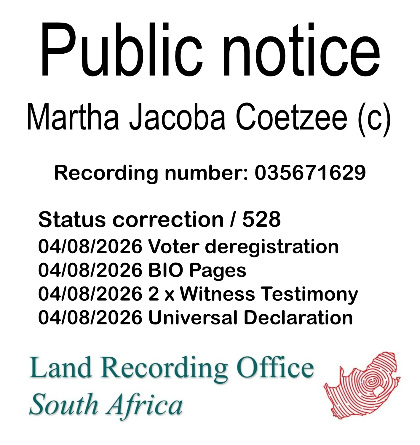 Public notice Martha Jacoba Coetzee Recording number 035671629